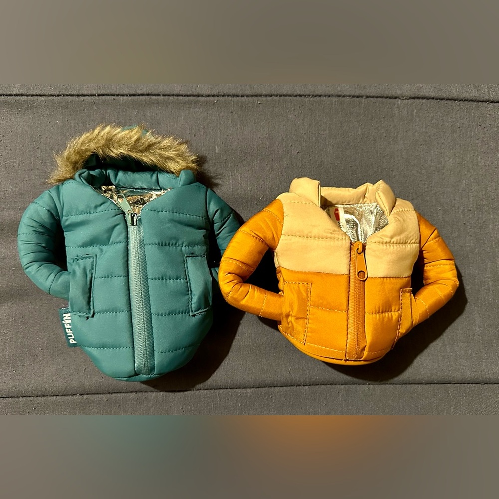 Puffin The Puffy Jacket & The Pahka Parka 12 oz Can Cooler, Koozie